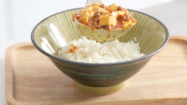 Pouring Stir Fried Mapo Tofu Hot Spicy Sauce White Rice — Video