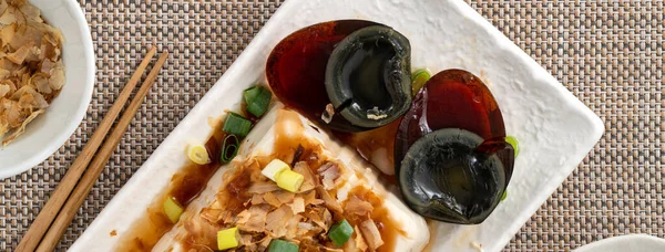 Delicious Chilled Tofu Century Egg Food Soy Sauce Bonito Flakes — Stock Photo, Image