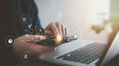 AI chip and new technology bigdata and business design concept with fingerprint system,  cloud computing and online smart industry storage.