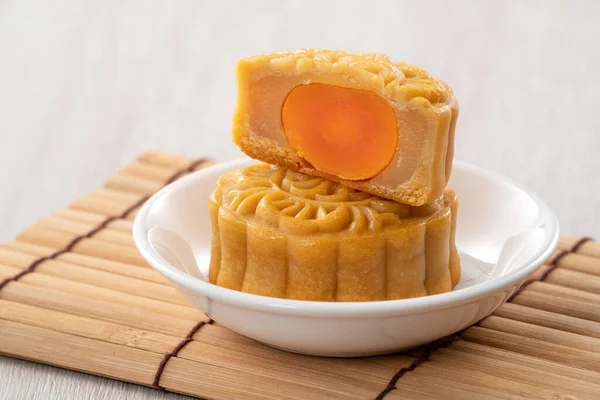 Delicious Cantonese Moon Cake Mid Autumn Festival Food Mooncake Wooden — Stok fotoğraf