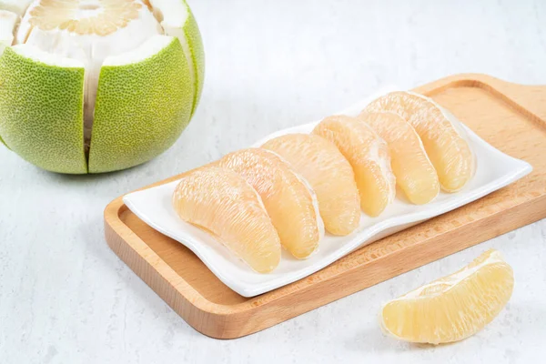 Close Fresh Peeled Pomelo White Table Background Mid Autumn Festival — Φωτογραφία Αρχείου