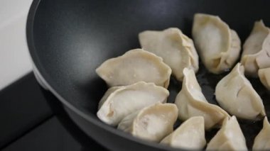Pan-frying gyoza dumpling jiaozi at home in kitchen, lifestyle.