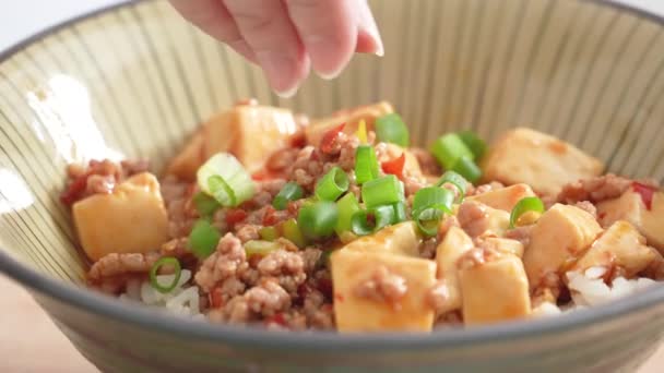Making Stir Fried Mapo Tofu Hot Spicy Sauce Scallion White — Stock Video