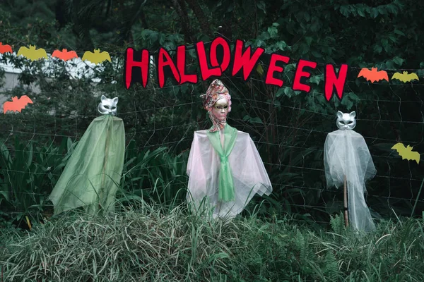 Aranyos Halloween Dekorációk Lóg Egy Erdőben Hogy Megünnepeljük Halloween Ünnepi — Stock Fotó