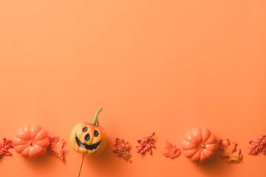 Balkabağı, sonbahar yaprakları ve fotokopi alanı ile turuncu masa zemininde yaratıcı Cadılar Bayramı tasarım konsepti