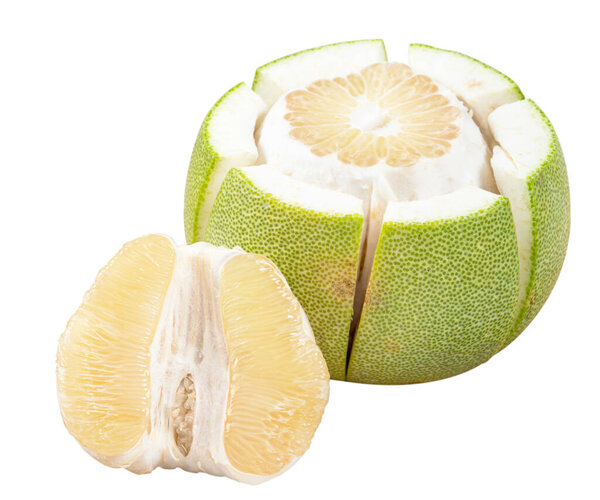 Fresh pomelo, pummelo isolated on white table background, cut out, clipping path. Fruit for Mid-autumn festival.