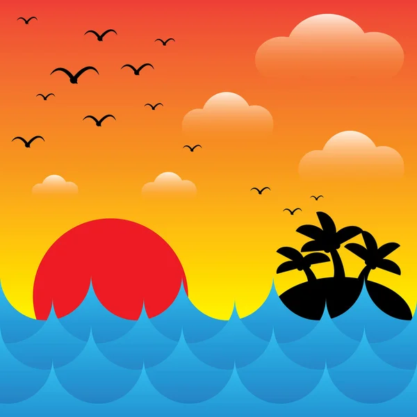 Île dans les vagues de mer le soir, soleil, ciel et nuage — Image vectorielle
