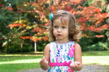 Cute baby girl in the forest in autumn