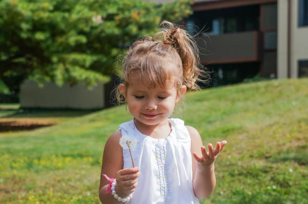Cute baby girl is blowing a dandelion — Stock Photo, Image