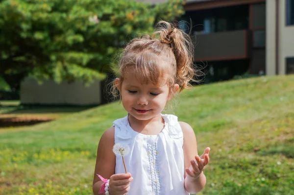 Cute baby girl is blowing a dandelion — Stock Photo, Image