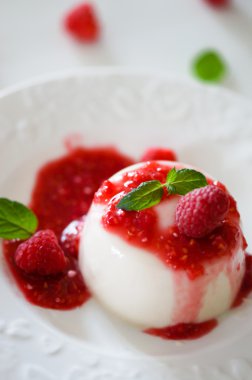 lezzetli İtalyan tatlı panna cotta frambuaz sos ve nane ile