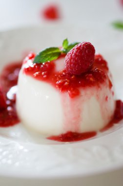 lezzetli İtalyan tatlı panna cotta frambuaz sos ve nane ile