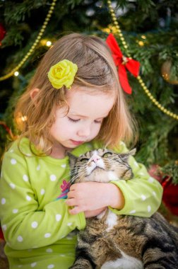 Şirin Bebek kız yeşil giysili Noel ağacının yakınında bir kedi öpüşme