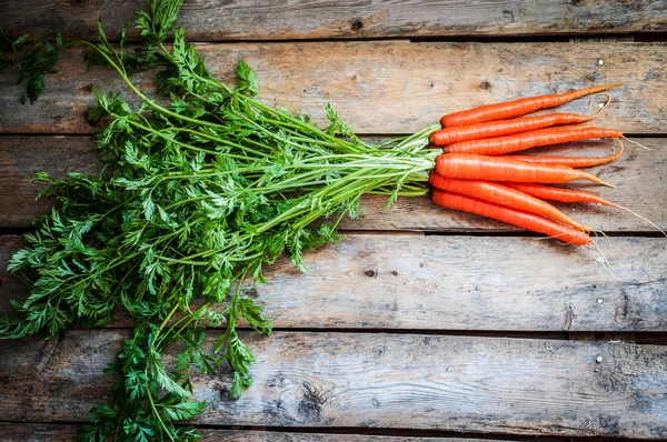 Farm raised organic carrots on wooden background — Stock Photo, Image