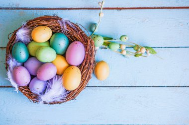 Mavi ahşap zemin üzerinde yuvadaki yumurta