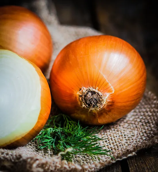 Kleurrijke uien en knoflook op rustieke houten achtergrond — Stockfoto