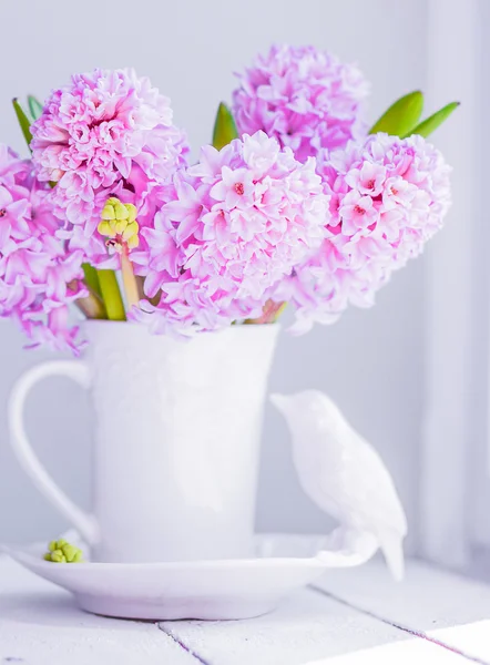 Розовые гиацинты в белой вазе на белом фоне — стоковое фото