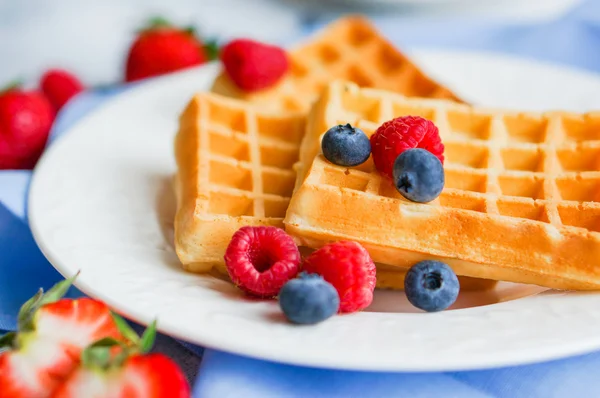 Belgian waffles with berries on rustic background — Stock Photo, Image