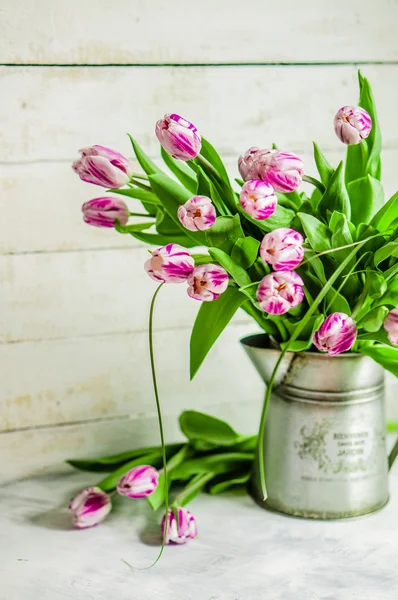 Tulipani su fondo rustico in legno — Foto Stock