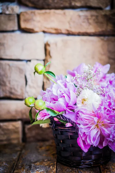 Pivoines sur fond bois rustique — Photo