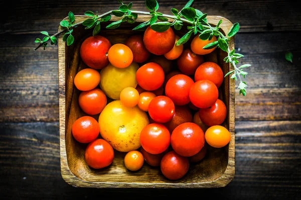 Tomates coloridos sobre fondo rústico — Foto de Stock