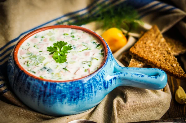 Sopa fría de verano sobre fondo rústico — Foto de Stock