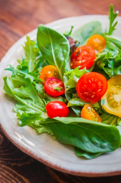 Grüner Salat mit bunten Tomaten — Stockfoto