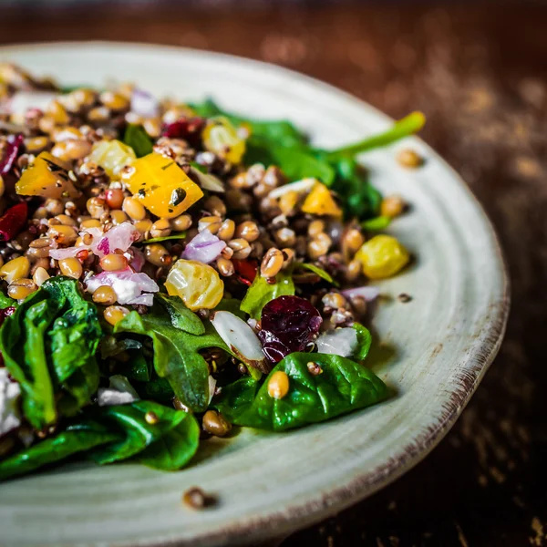 Ispanaklı, kinoalı ve kızarmış sebzeli sağlıklı salata. — Stok fotoğraf