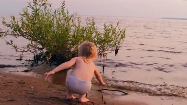 Little girl plays, looks afar at water — Stock Video