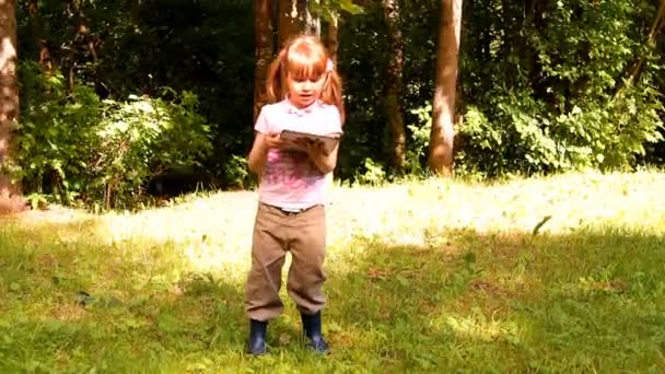 Little girl plays with a tablet, the laptop, the netbook, iPad — Stock Video