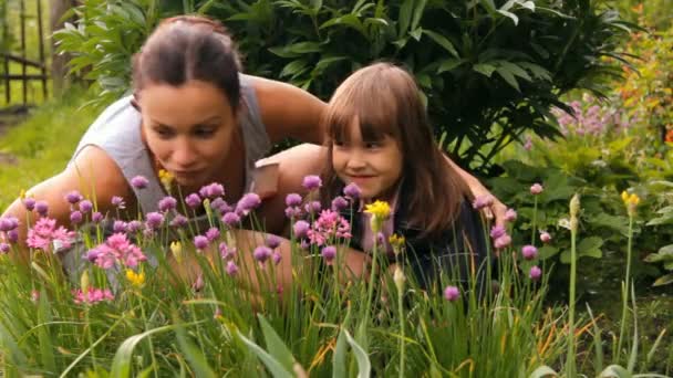 Mulher e a criança cheiram flores em um jardim — Vídeo de Stock