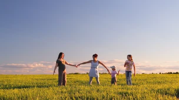 Dos mujeres y dos niños retozan, saltan, giran en un prado sobre la hierba verde — Vídeo de stock