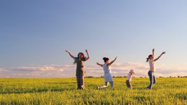 Twee vrouwen en twee kinderen stoeien, springen, dwarrelen in een weide op het groene gras — Stockvideo