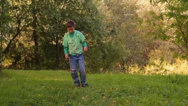 Jongen dansen, salto's, springen op het gras — Stockvideo