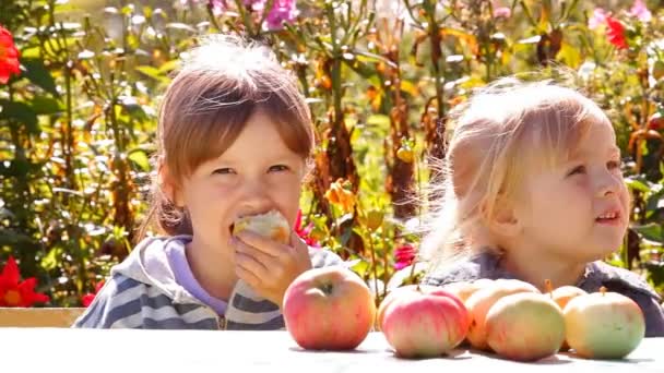 Dos chicas con manzanas, comer hablar — Vídeo de stock