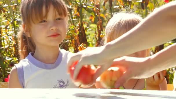 Dos chicas con manzanas, comer hablar — Vídeos de Stock