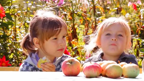 Duas meninas com maçãs, comer conversa — Vídeo de Stock