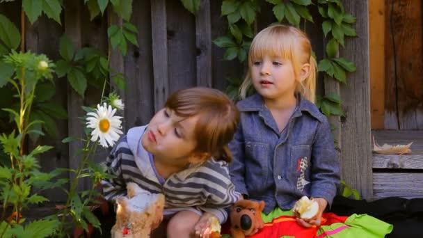 Two girls eating apples, playing dogs toys — Stock Video