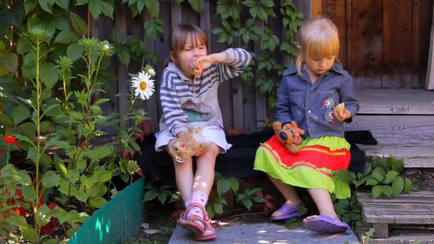 Две девочки едят яблоки, играют в собачьи игрушки — стоковое видео
