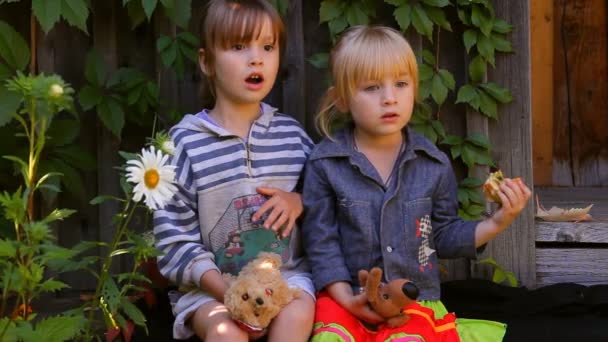 Two girls eating apples, playing dogs toys — Stock Video