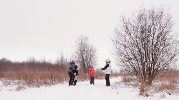 Las niñas y los niños se divierten en la naturaleza de invierno — Vídeo de stock