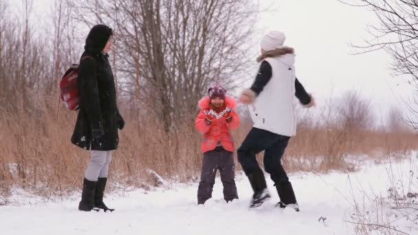 Дівчата і дитина розважаються в зимовій природі — стокове відео