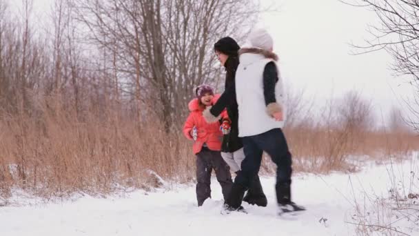 Meisjes en kind plezier in de winter aard — Stockvideo