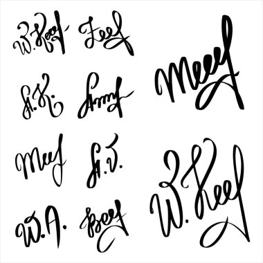 Beyaz arka planda yalıtılmış belgeler için siyah el ile imza. Kongre için hayali İmza el çizilmiş koleksiyonu. Kaligrafi harf seti Vektör illüstrasyon Eps10. 