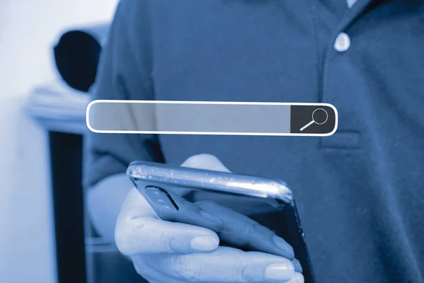 Mobile search data information, modern cell phone in hand and digital search page screen.