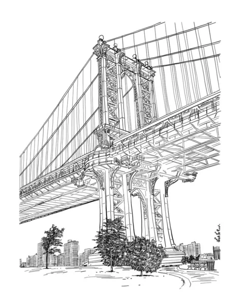 Schizzo Disegnato Mano Sul Ponte New York Illustrazione Linea — Foto Stock