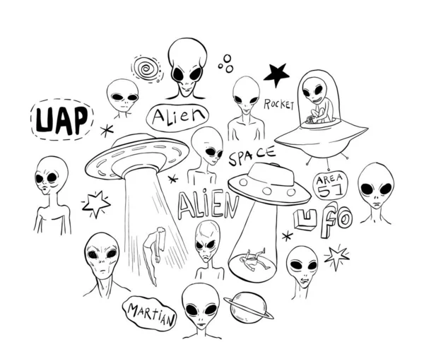 Set Von Alien Und Ufo Symbol Handgezeichnete Illustration — Stockfoto