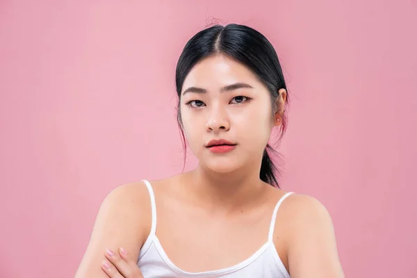 Close Beauty Shot Beautiful Asian Girl Looking Camera Isolated Pink — Stock Photo, Image