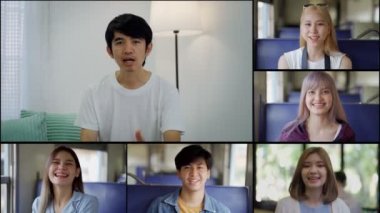 Diverse group of colleagues working from home having a video conference call together.