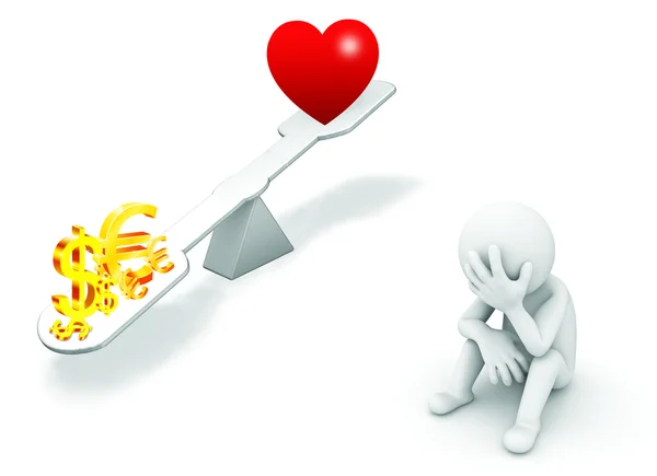 3d человек тяжелее на качелях, чем сердце символ доллара и евро — стоковое фото